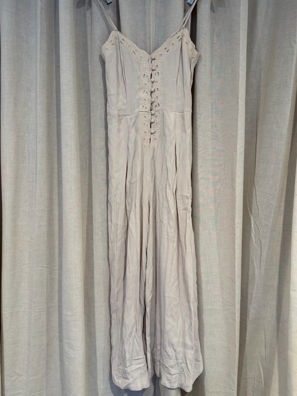 ❗️RARE❗️Free People Beige Jumpsuit Lace Trim Wide Leg pockets Button Front 0